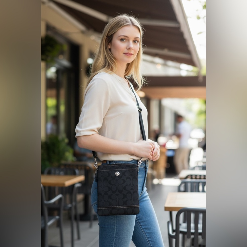 COACH vintage crossbody bag, jacquard black, adjustable strap, zipper top.